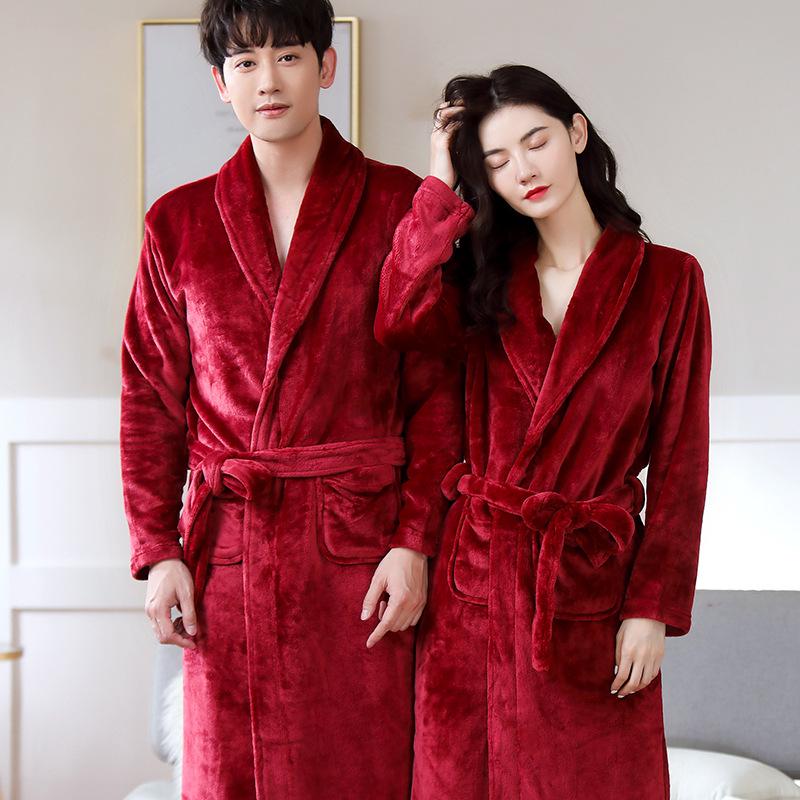 Cozy Coral Fleece Couple Pajamas Robe - Thick Warm Autumn Winter Bathrobe
