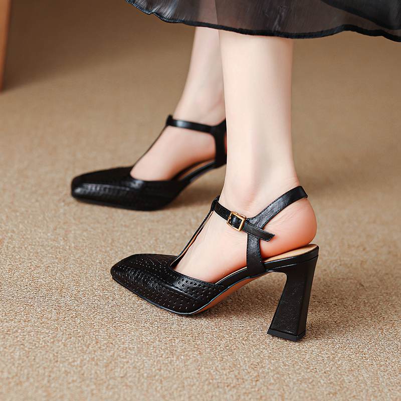 Krazing Pot Sheepskin Square Toe Size 41 High Heels Hollow Out Decoration Super High Heels Breathable Autumn Pumps