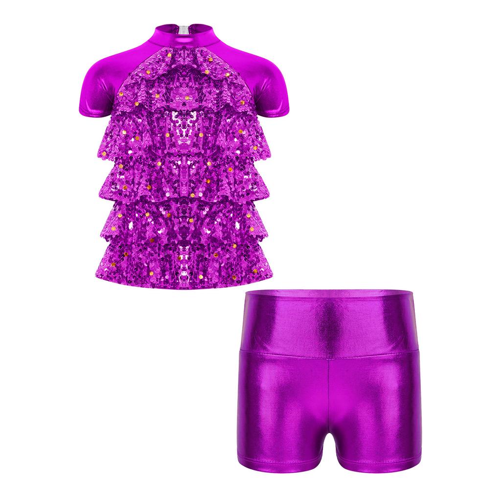 Girls Jazz Dance Costume Mock Neck Short Sleeve Tiered Ruffle Cutout Top Metallic High Waist Shorts Set
