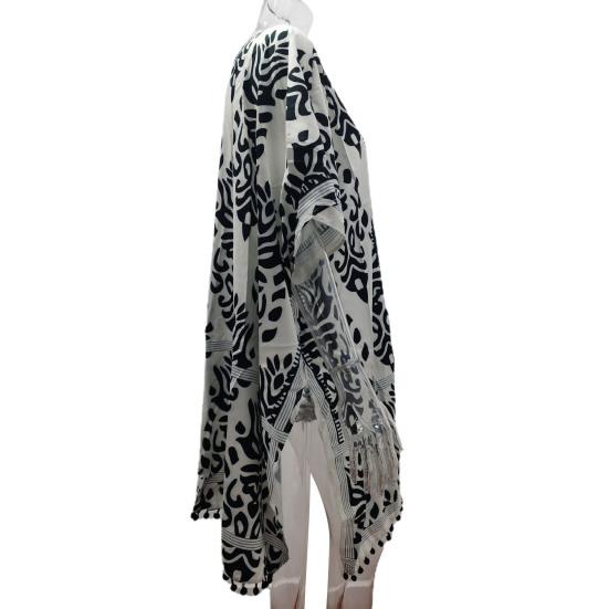Tassle Ball Güneş Koruma Mayo Hırka Kadın Boho Yarım Kollu Baskılı Plaj Cover Up