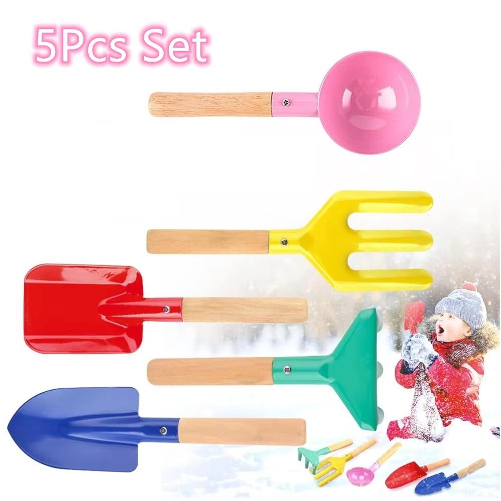 5-Piece Kids Beach Toy Set - Metal Tools with Wooden Handles (Shovel Rake Fork Spoon Trowel) Durable Sand Play & Gardening Kit