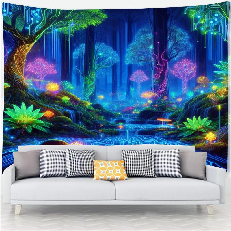 Cyber Forest Wall Tapestry Neon Nature Art Digital Circuit Design Sci Fi Landscape Boho Decor For Living Room And Study