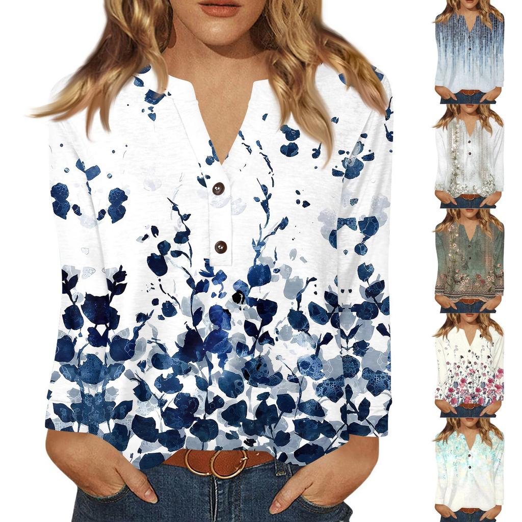 Maglietta da Donna Stampa Bottoni Manica Lunga Quotidiano Weekend Moda Basic Scollo a V Regolare Top