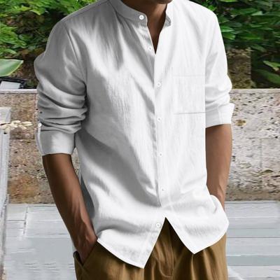 Spring Fall Men Shirt with Chest Pocket Stand Collar Button-down Top Long Sleeve Solid Color Loose Cardigan Casual Daily Shirt