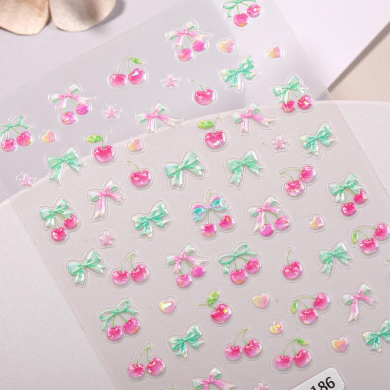 Cute Cherry Bow Nail Stickers Relief 3D Nail Appliques Adhesive Sliders Nail Art Accessories Nail Decoration