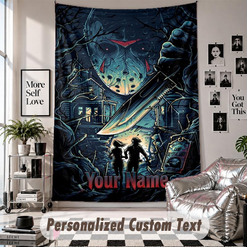 Custom Tapestry Wall Hanging, Friday the 13th Jason Voorhees Personalized Name Text Home Wall Decor