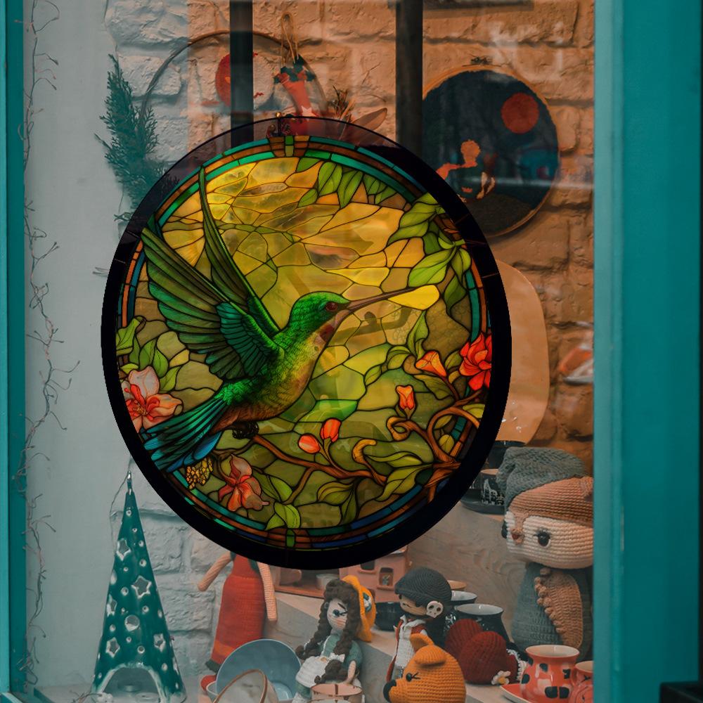 Retro Colorful Hummingbird Iris Window Glass Electrostatic Sticker Detachable Decorative Film Home Decoration