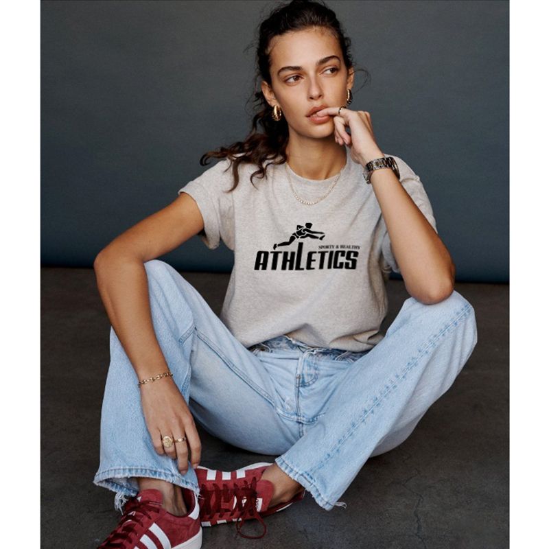 Sporty American Retro Yun Casual Running Print Pure Cotton Shoulder Short Sleeve T-shirt for Women