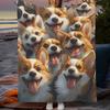 1pc Cozy Flannel Blanket with Joyful Corgi Faces - Soft, Warm Polyester Throw for Home Decor, Outdoor Activities, and Holiday