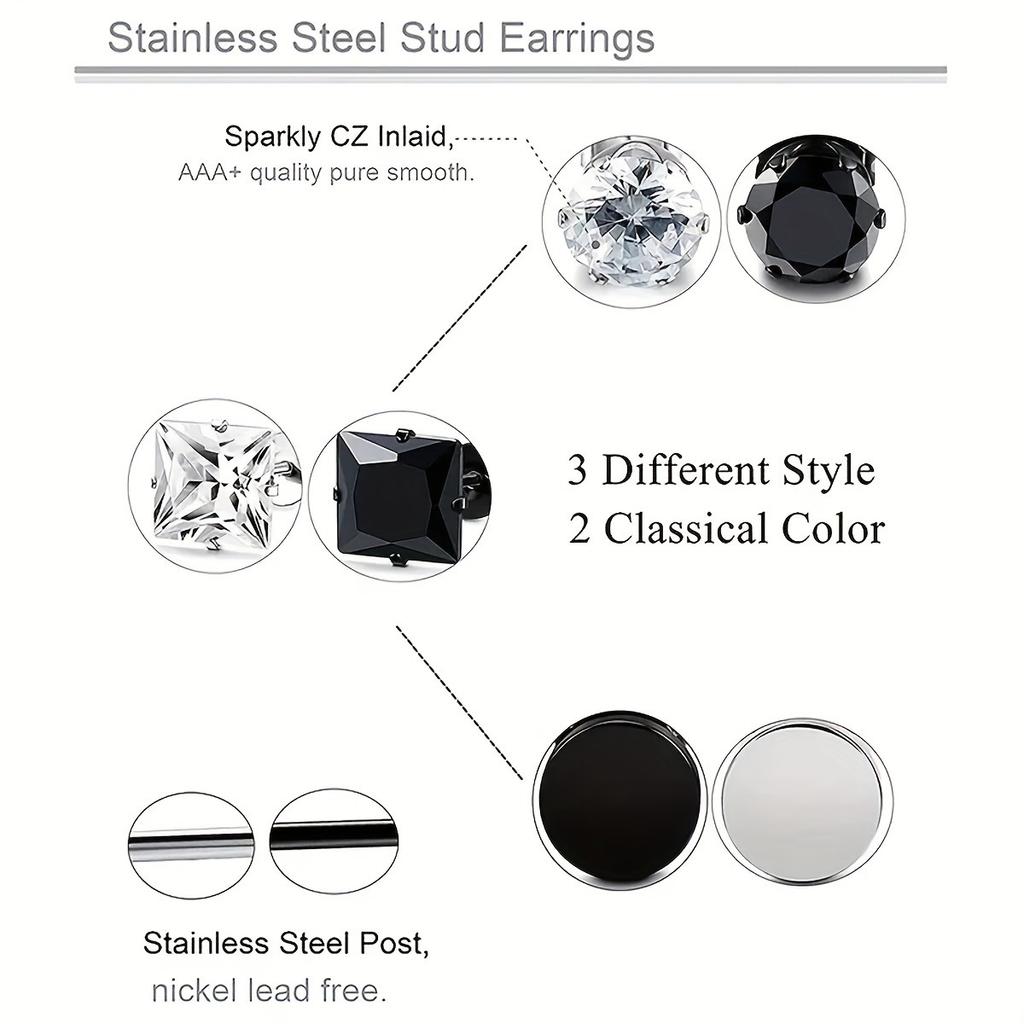 6Pairs/set Trendy Simple Stainless Steel Stud Earrings For Men For Daily Decoration Gift For Family And Friends Holiday Birthday