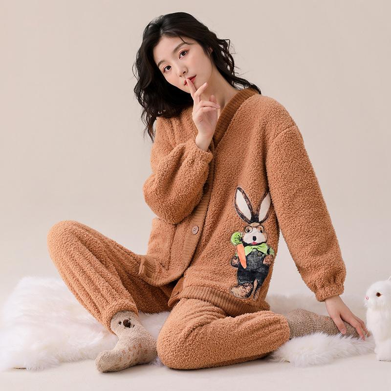 Flannel Pajamas Women'S Autumn And Winter Cute Cartoon Lamb Fleece Thickened Fleece Coral Fleece Loungewear Warm Suit