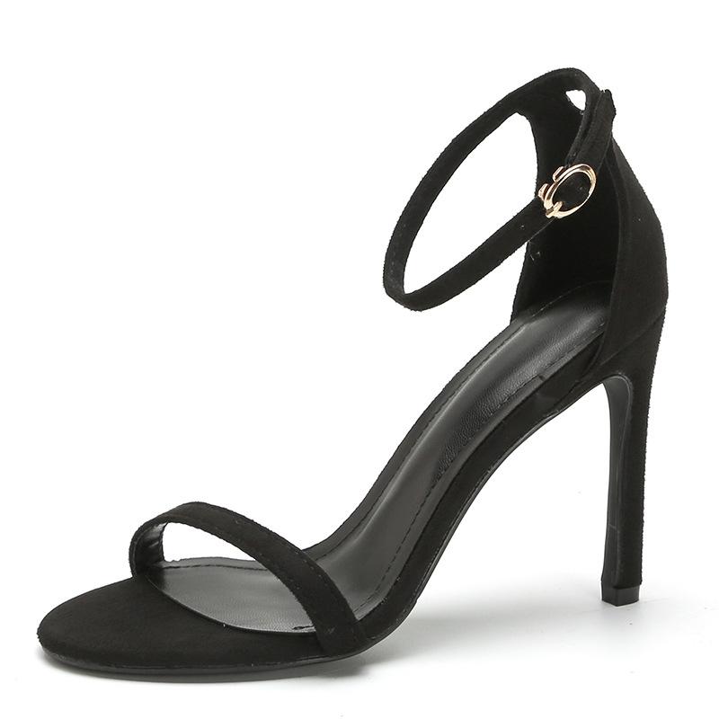 

08 Сандалии с пряжкой в одно слово женские новые летние универсальные сексуальные французские с открытым носком на шпильке черные на высоком каблуке 40