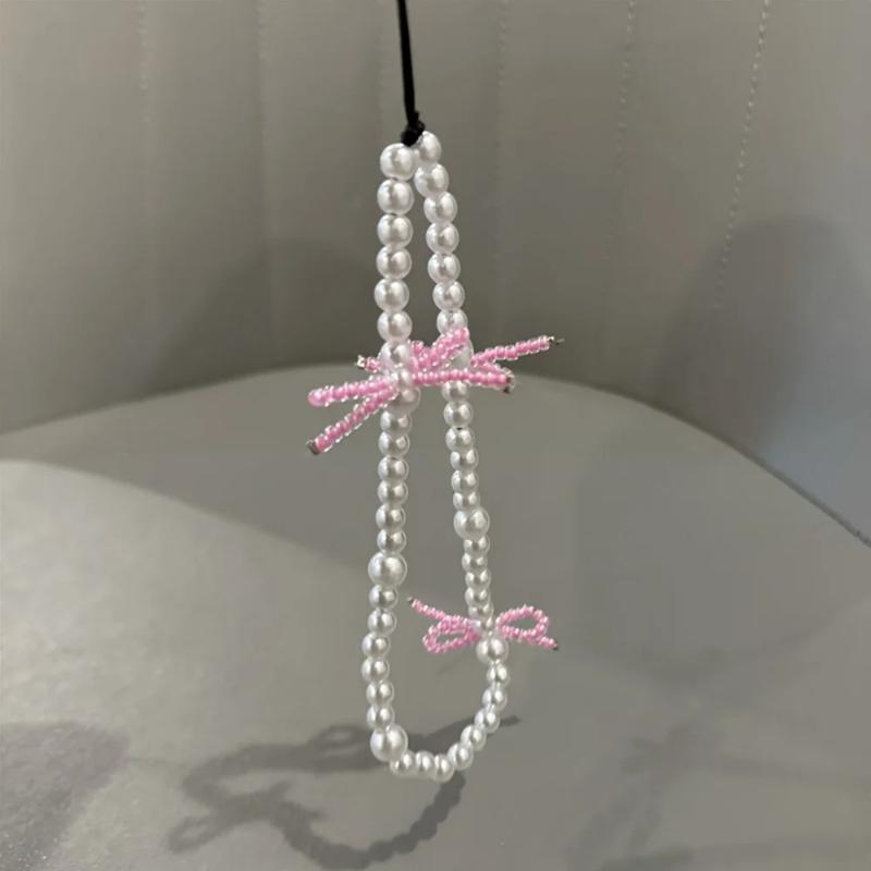 Korea Pink Bowknot Pearl Pendant Beaded Phone Charm for IPhone Accessrioes Lanyard Woman Girl Jewelry Hanging Rope Strap