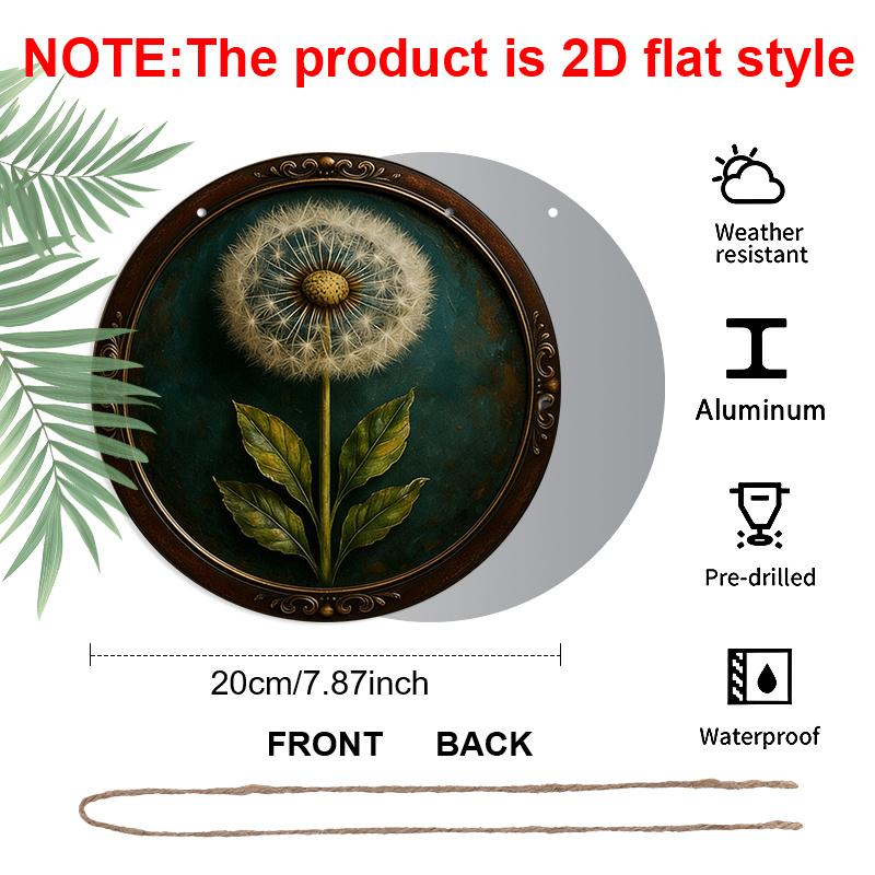 2D Flat, 1pc Vintage Aluminum Metal Sign Wall Art, Dandelion Design with Teal Background & Ornate Golden Frame, 7.87in Indoor/Outdoor Home Cafe