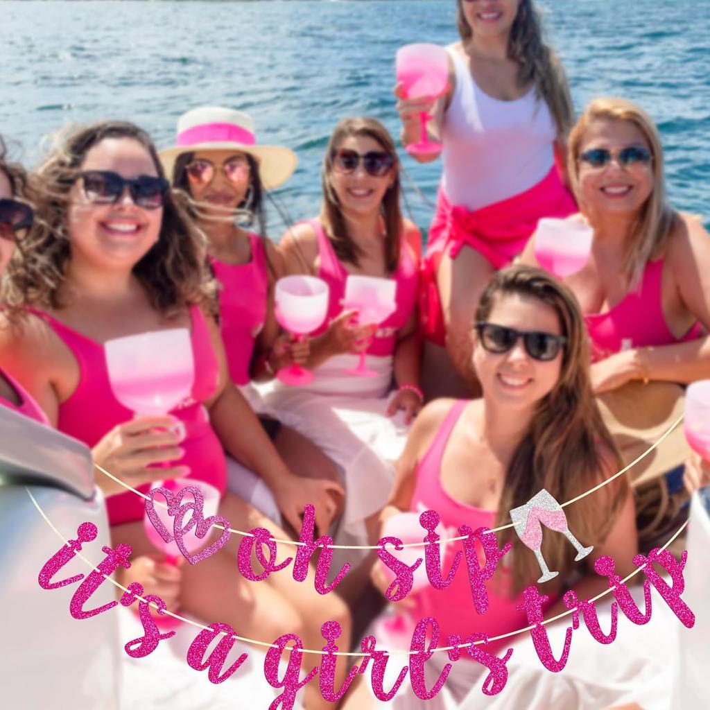 Firefairy Oh Sip It's a Girl's Trip Pre-strung Banner - Girls Vacation, Weekend, Just Wanna Have Fun - Bachelorette Party Decorations, Hot Pink