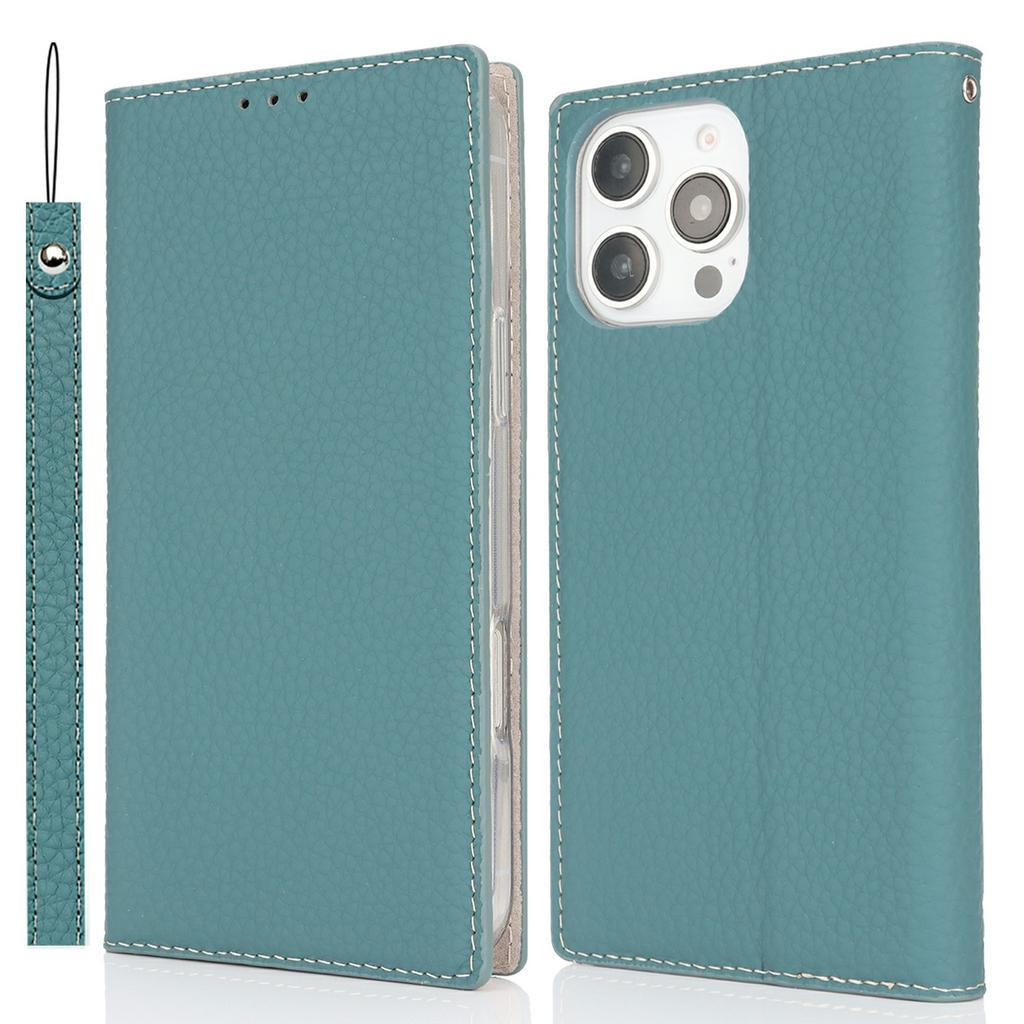 For iPhone 16 Pro Max Wallet Case Genuine Cow Leather Phone Cover Litchi Texture