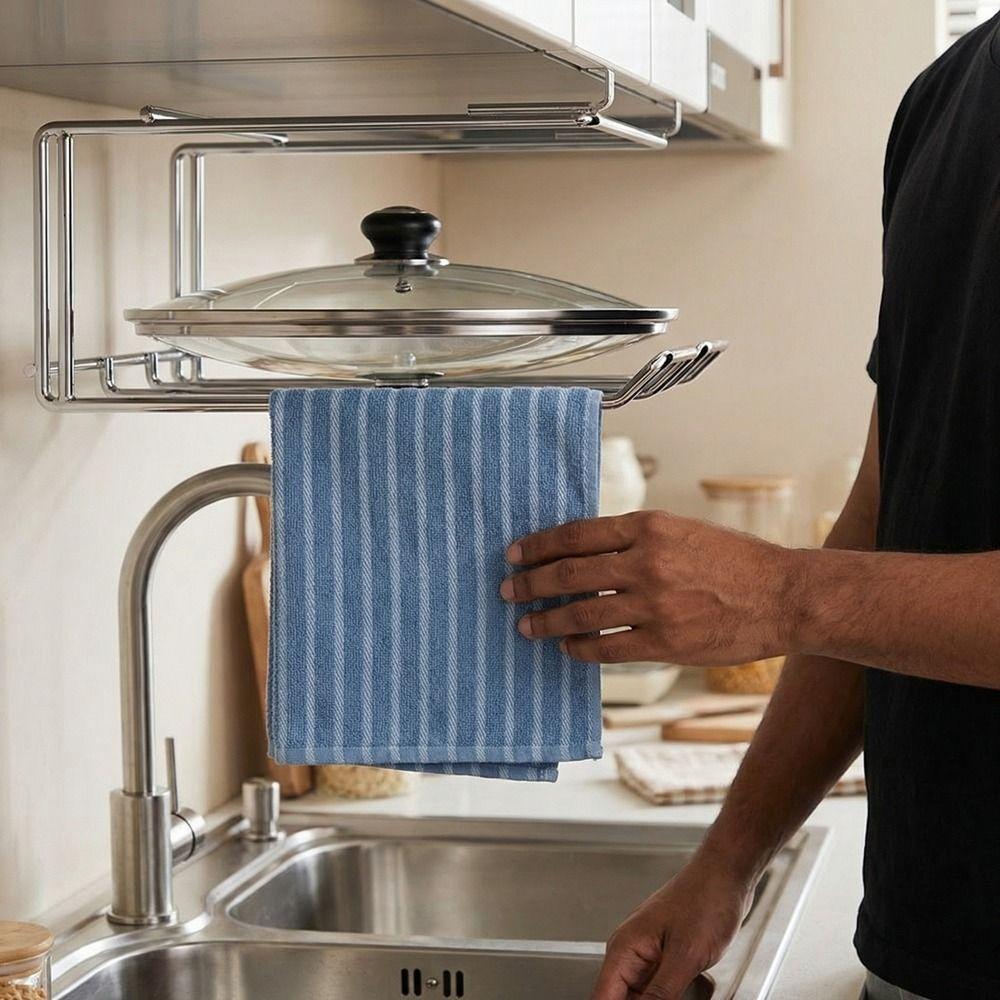 Wall Mounted Under Cabinet Storage Rack Stainless Steel Pot Lid Holder for Kitchen