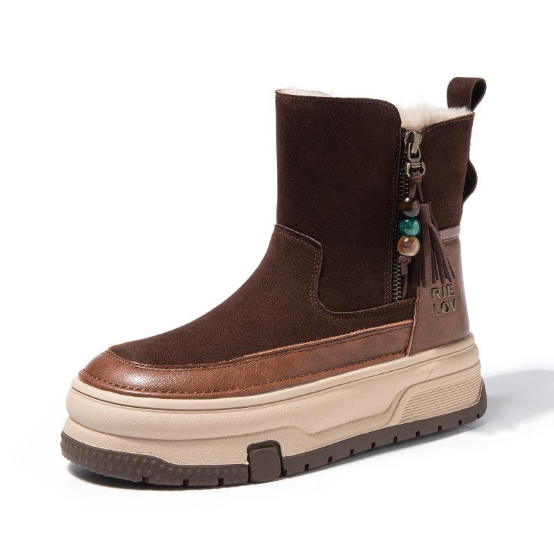 Fleece snow boots winter new leather rabbit fur short boots thick-soled warm cotton shoes