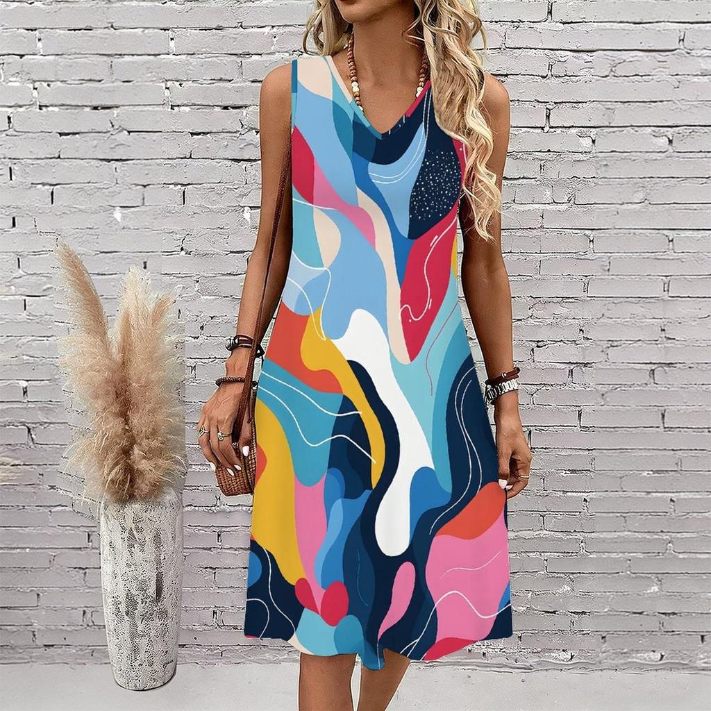 Plus Size V Neck Sleeveless Dress Lush Valley Waterfall Scenic Print For Mountain Hiking Trip