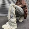 Modische Stern-Aufnäher Designs Hosen Herrenbekleidung Hohe Taille Weiter Bein Vintage Quaste Kordelzug Jeans Hosen Streetwear Jeans