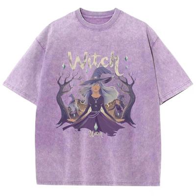 Distressed Harajuku Style Witch Print Women's T-Shirt Oversized Washed Short Sleeve Fabric Comfortable Unisex Tees