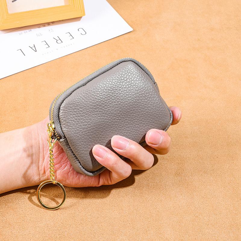 Leather hand zipper small wallet women's first layer cowhide mini bag key storage coin bag cute change bag
