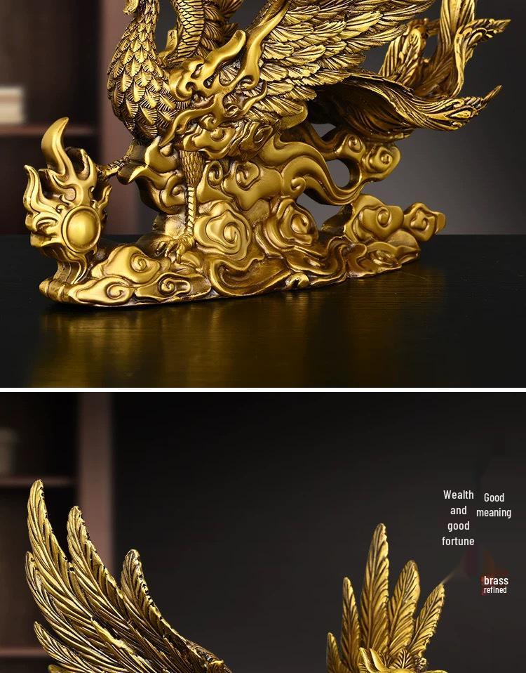 Antique Brass Vermilion Bird Ornament - Elegant Four Spirits Decor for Home or Office