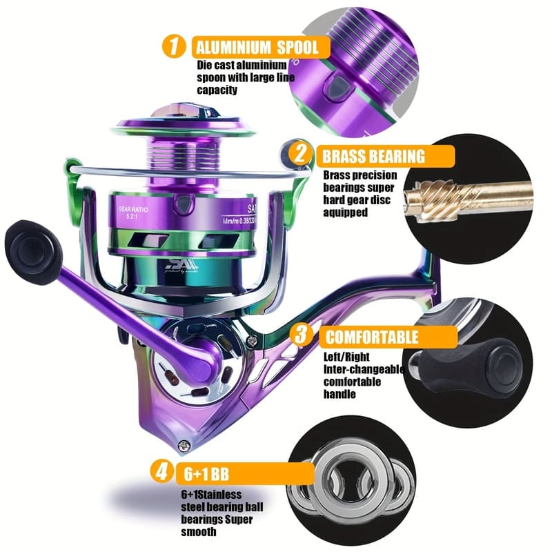 Moulinet de pêche à deux mains en aluminium galvanisé coloré 6+1BB Roulement Matériau PA Moulinet rotatif avec engrenage de précision Matériau acier inoxydable