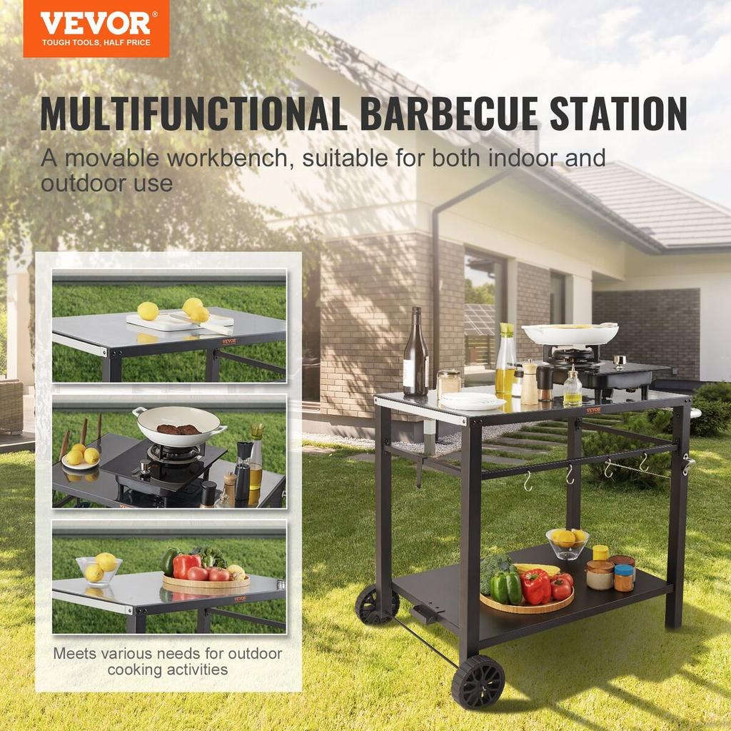 Outdoor Grill Dining Cart with Double-Shelf, BBQ Movable Food Prep Table, Multifunctional Iron Table Top, Portable Modular Carts for Pizza Oven,
