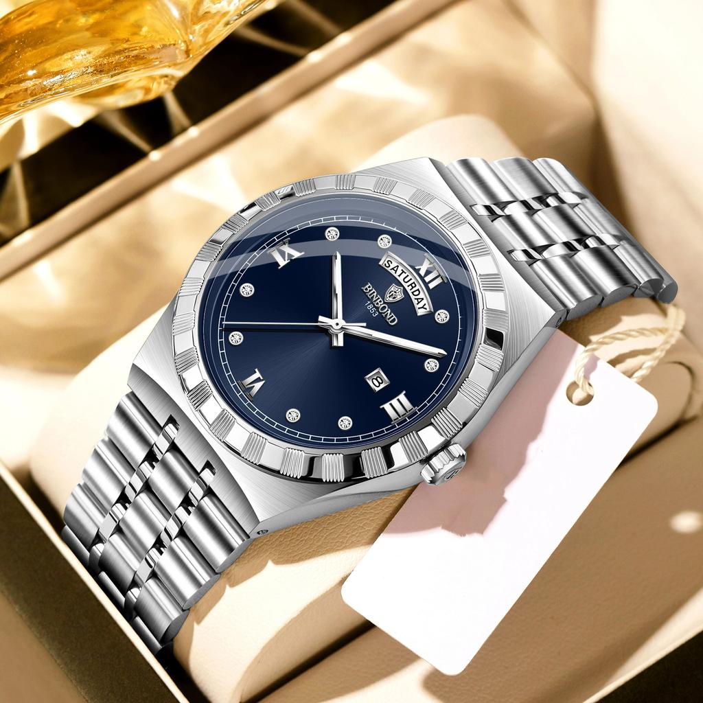 BINBOND Men's Watches Simple Fashion Original Quartz Watch for Man Texture Dial Stainless Steel Date Week Trend Dress Wristwatch