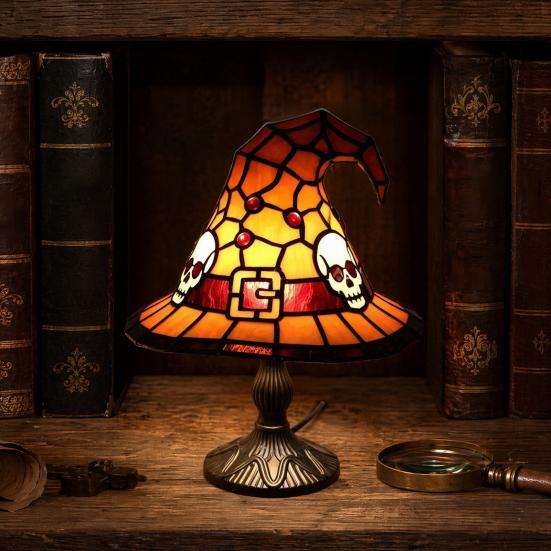 Lampa v podobě čarodějnického klobouku z vitráže, Ručně vyráběná retro pryskyřičná čarodějnická lampa, Gotická noční lampa v podobě čarodějnických klobouků napájená přes USB, Halloweenská dekorace do domácnosti