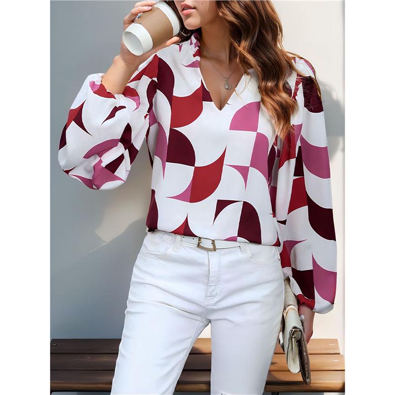 2024 Autumn Women's V-neck Printed Pullover Top - European & American Fashion