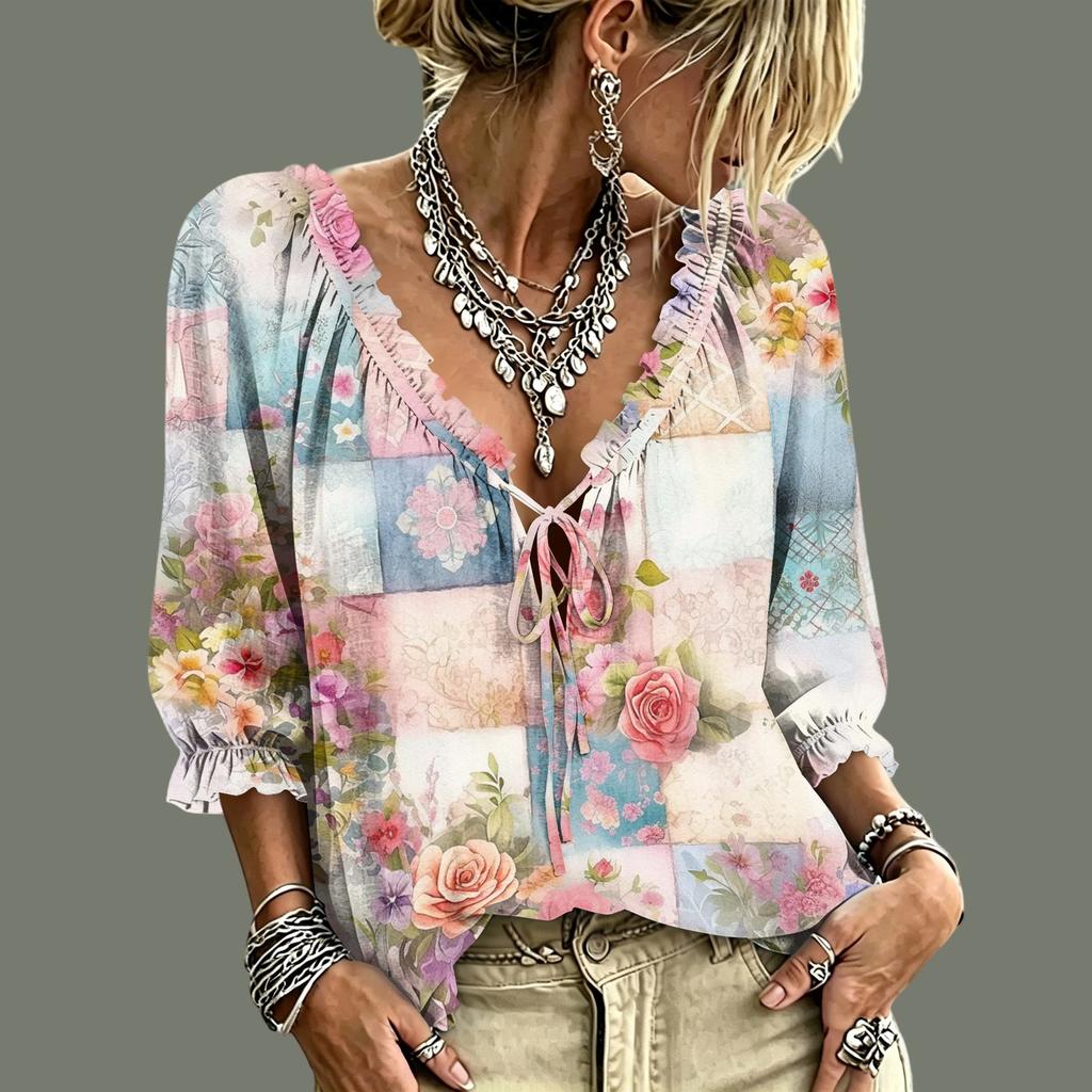 Women's Casual Printed V-Neck Ruffle Tie Blouse