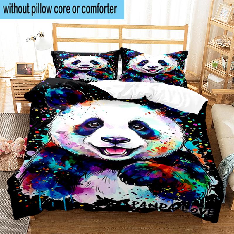 Colorful Panda Love 3pcs Bedding,Including 1pc Duvet Cover And 2pcs Pillowcases Perfect for Christmas,Ideal for Bedroom, Dormitory
