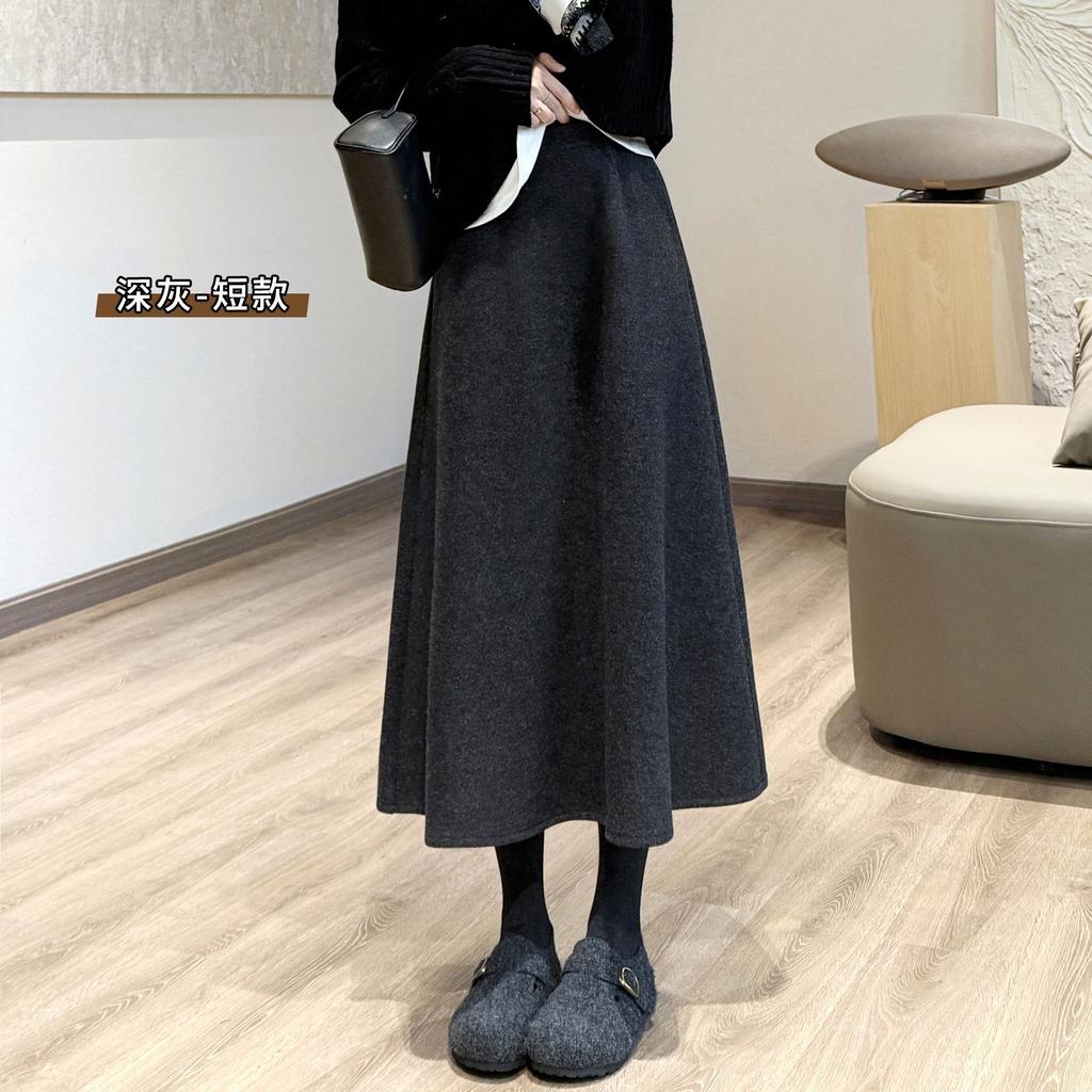 Women's High Waist Wool Blend Midi Skirt Casual A-line Swing Skirt Solid Color Warm Winter Skirt