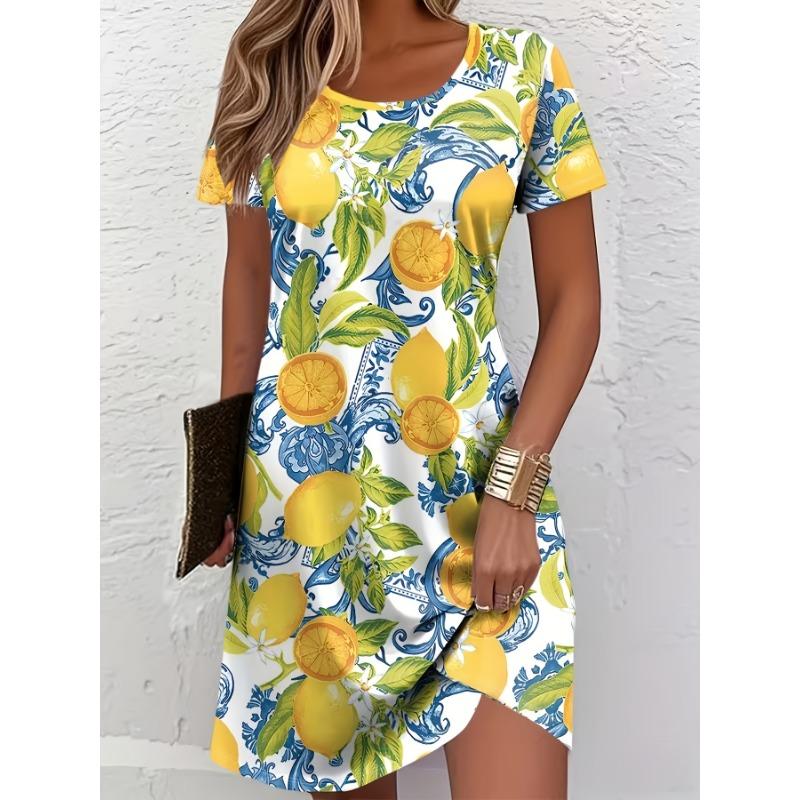 

Round Neck Short Sleeve Lemon Pattern Fashionable Casual All-match Dress for Women S