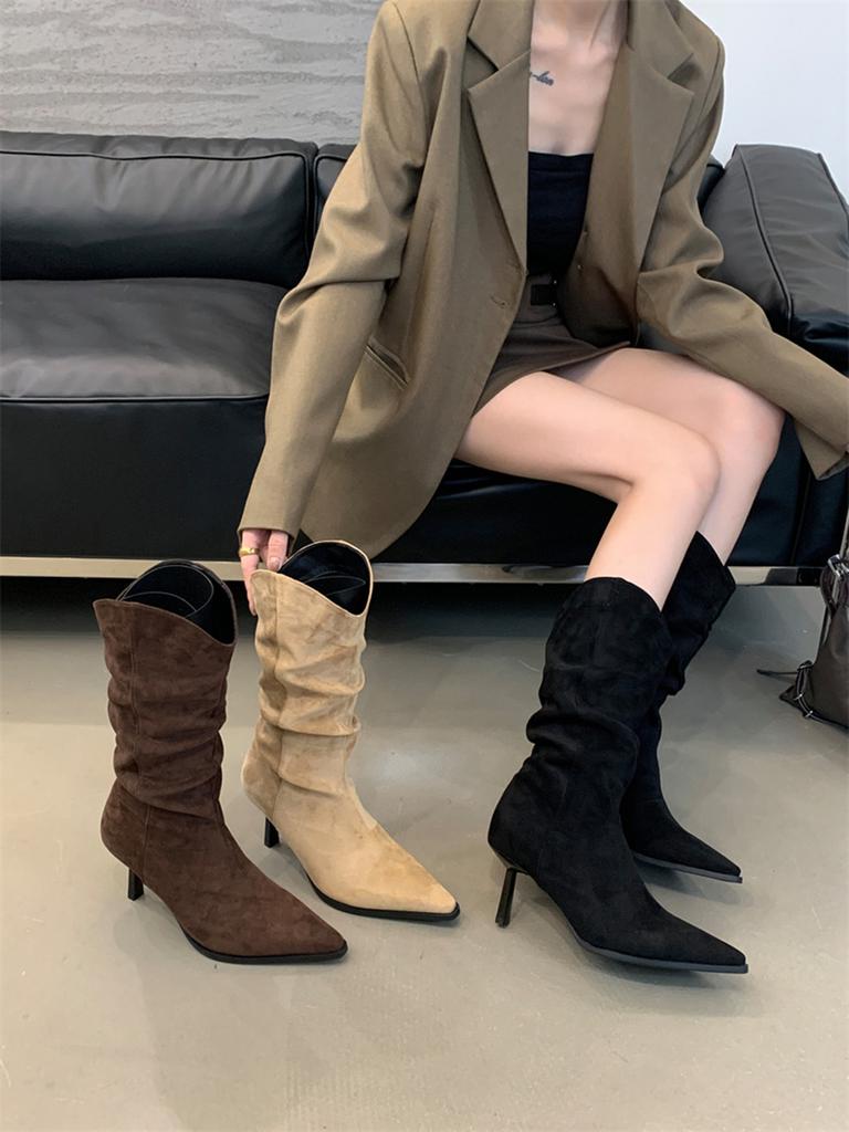 Fashion Pointed Toe Women Mid Calf Boots Chelsea Botas Thin High Heels 2024 New Arrivals Black Beige Brown Party Pumps Shoes Woman 35-39