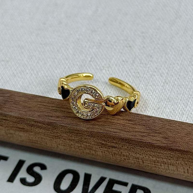 Dark Oil Dripping Full Diamond Inlaid Zirconium Four-Leaf Clover Open Ring Simple Light Luxury High Fashion Women