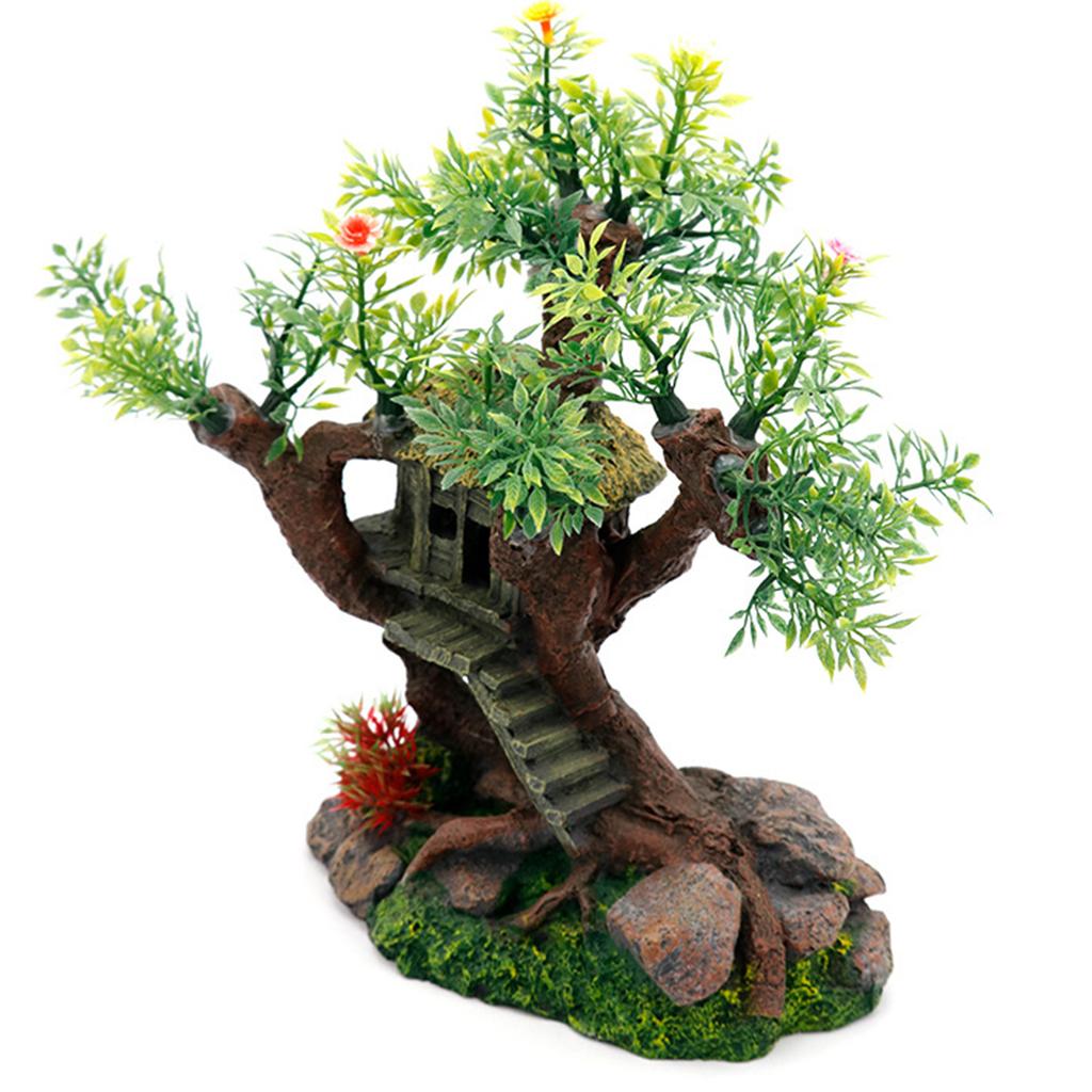 Aquarium Resin Tree House Decoration for Fish for Tank Hideout with Rock Grass