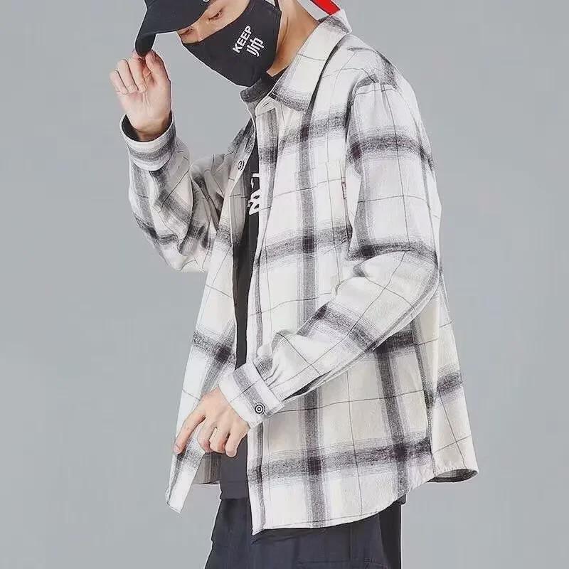 Herr Lös Passform Långärmad Rutig Skjorta - Koreansk Stil, Vår/Höst, Casual Hong Kong Jacka