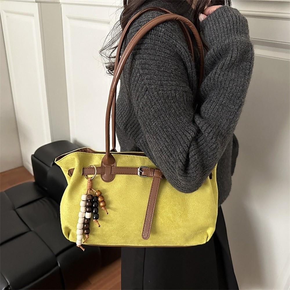 Stylish Vintage Shoulder Bag Large Capacity Imitation Suede Underarm Bag Solid Color Pendant Decoration Women's Handbag Women