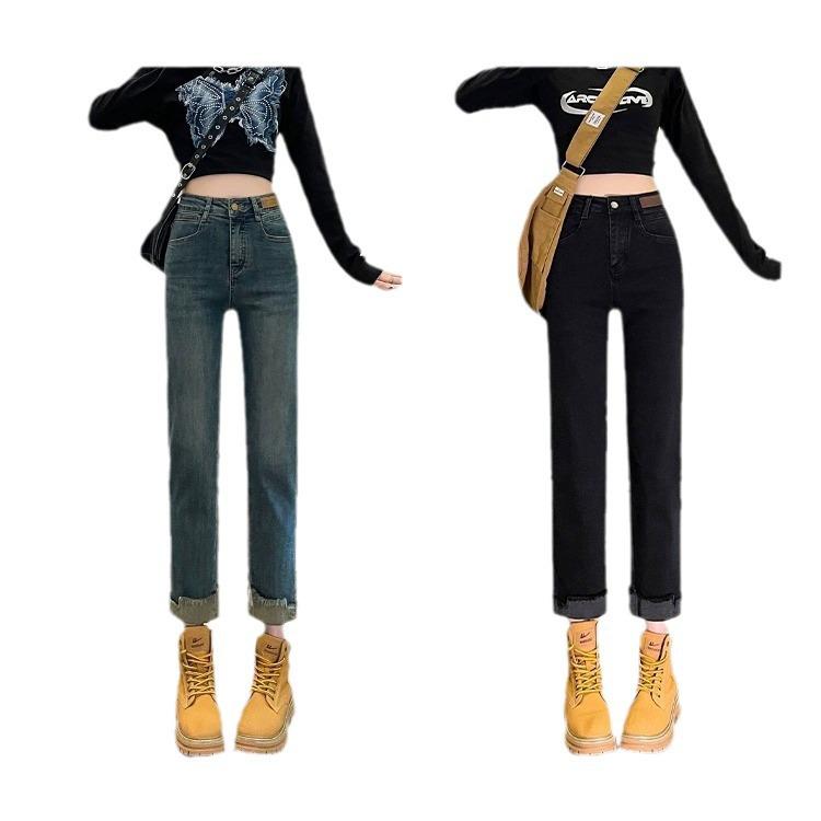Women's High-Waisted Slim-Fit Straight-Leg Jeans - Petite Cropped Cigarette Pants for Autumn/Winter 2024