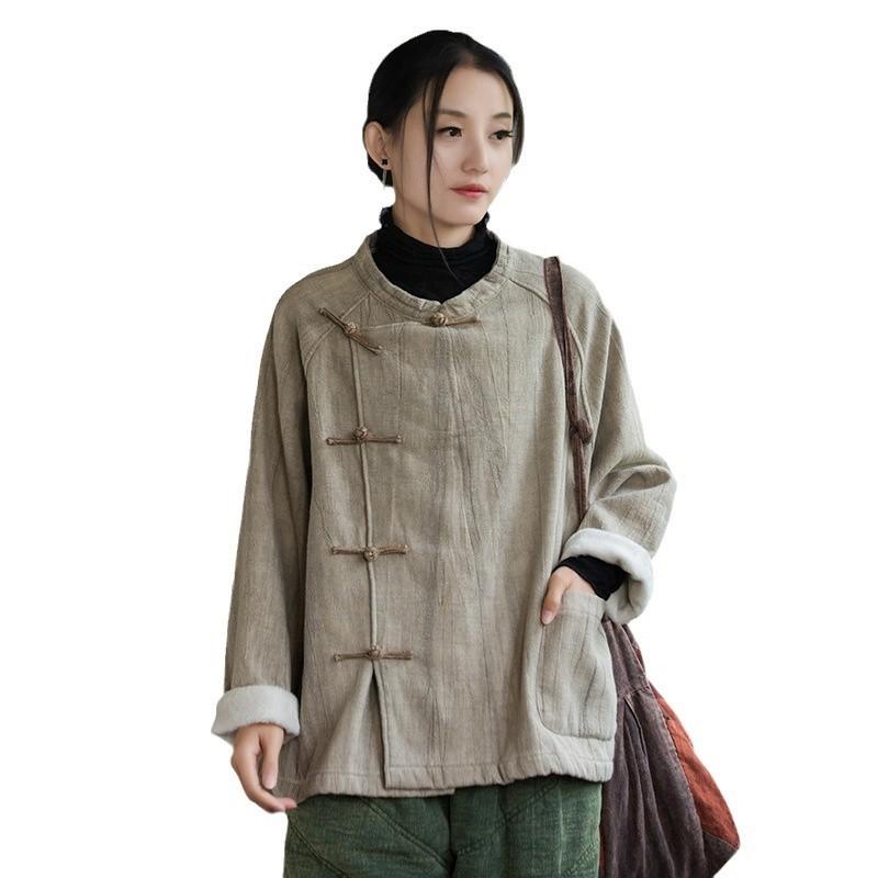 Johnature Women Chinese Style Stand Long Sleeve Button Winter Vintage Female Tops