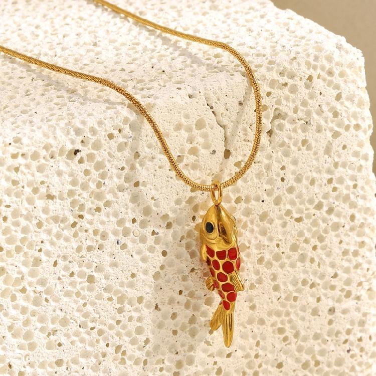 Modern Red Lacquer Carp Pendant Necklace Tarnish Resistant Stainless Steel 18k Gold Plated Everyday Jewelry Design