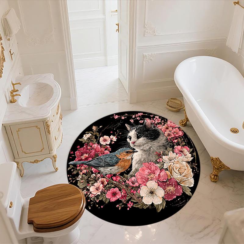 Floral Cat Round Area Rug,Carpet Rug for Living Room Bedroom Sofa Playroom Decor,Non-slip Floor Mat