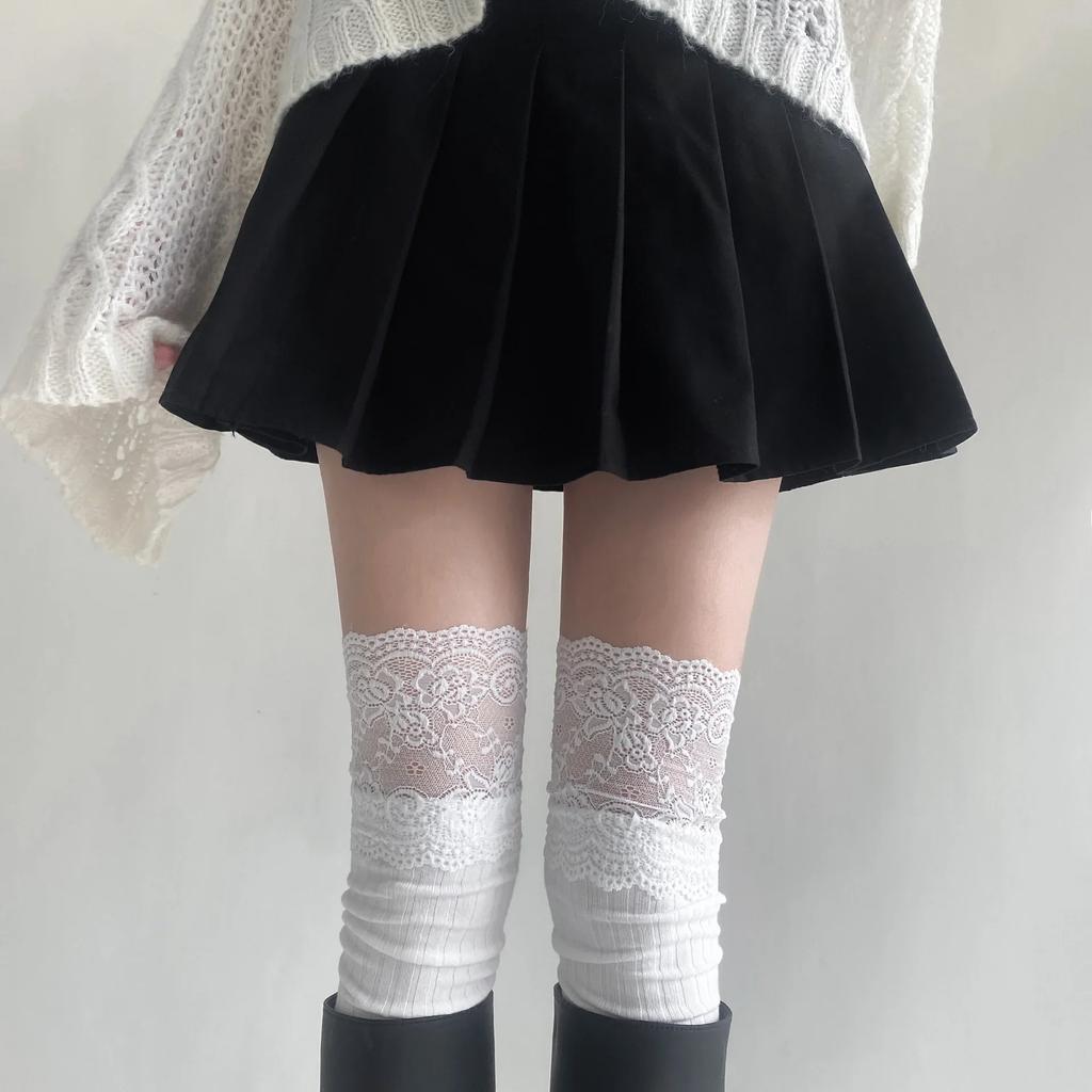 Japanese Fashion Autumn Winter Women Stockings Solid Color Thigh High Socks Lolita Lacework Knee High Socks Thigh High Stockings