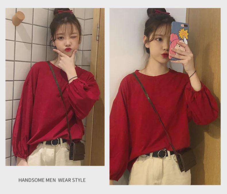 Spring Thin Solid Color Lantern Sleeve Pullover - Korean Style Student & Couple T-Shirt