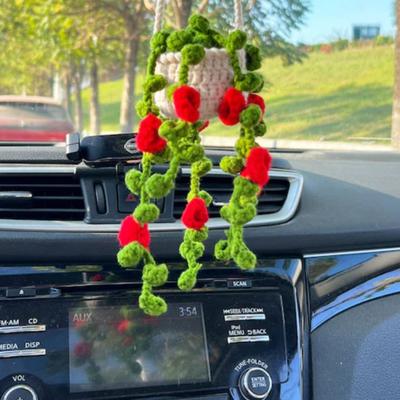 Car Mirror Hanging Accessory Handmade Knitted Cute Crochet Potted Plant Rear View Decor Car Interior Accessories