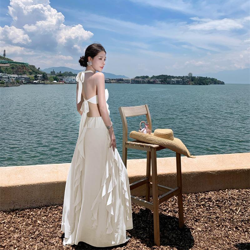 Neck Tube Top Ruffle Leaf Edge Halter Dress Women's Summer New Seaside Vacation Beach Dress