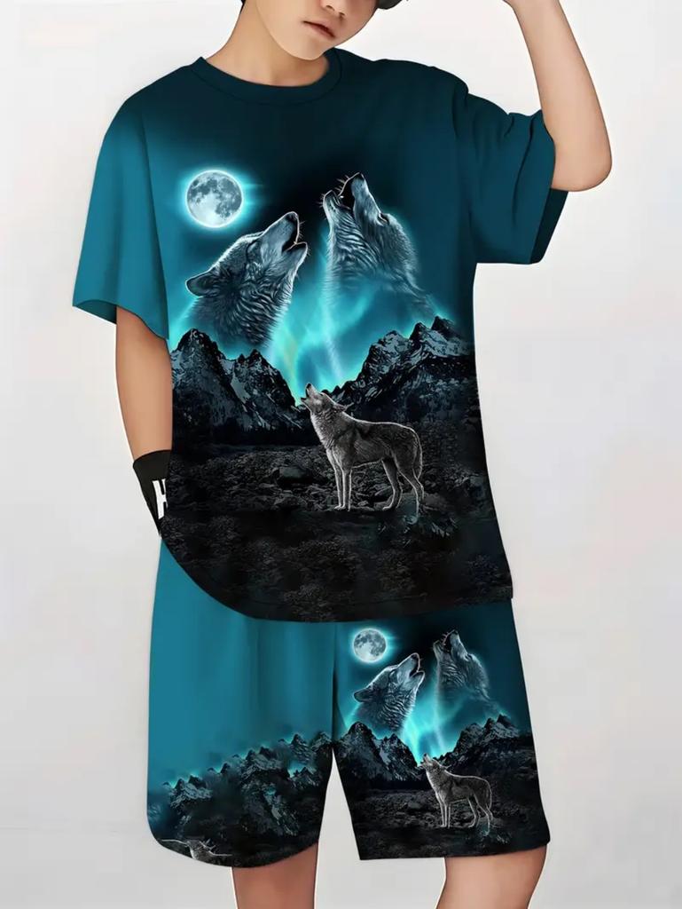 Kinder Set Cooler Tiger Wolf Löwe Druck Sommer Kurzarm Mode Bequem Jungen Anzug Outdoor Trendige Kinderkleidung
